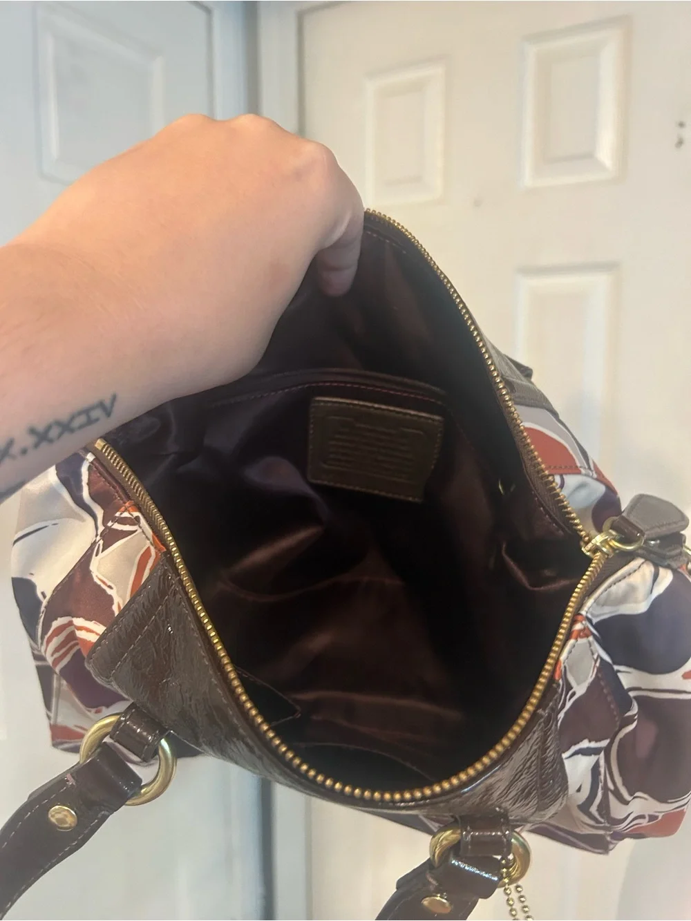 Coach Ashley Multicolor Scarf Print Satchel Shoulder Bag with Brown Leather Trim